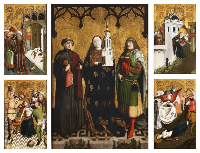 Gotycki ołtarz św. Barbary z 1447 roku: święta z diademem trzyma wieżę, obok święci Feliks i Adaukt, po bokach sceny z jej legendy