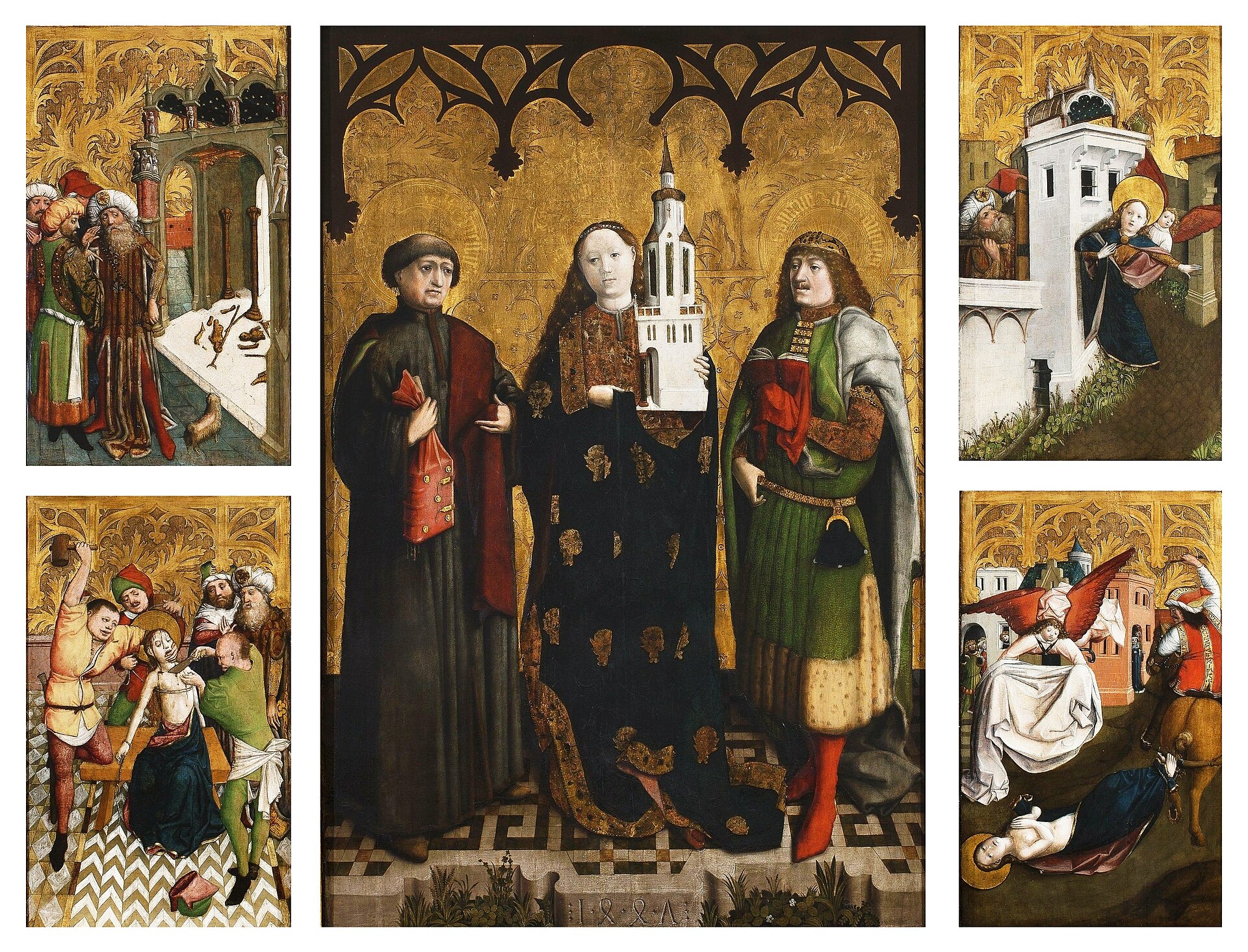 Gotycki ołtarz św. Barbary z 1447 roku: święta z diademem trzyma wieżę, obok święci Feliks i Adaukt, po bokach sceny z jej legendy